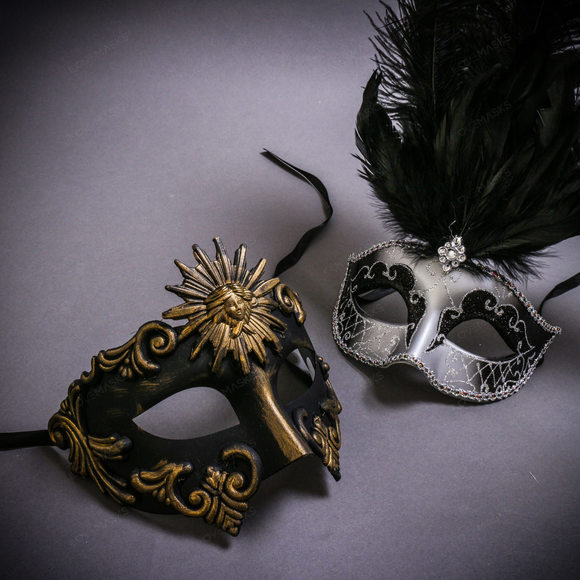 Black Gold Roman Greek & Silver Mardi Gras Eye Mask w/ Black Feather Couple Mask - Picture 1 of 1